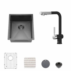 TORVA 15-inch Undermount Black Bar Prep RV Sink with Faucet- 16 Gauge Stainless Steel – Single Bowl